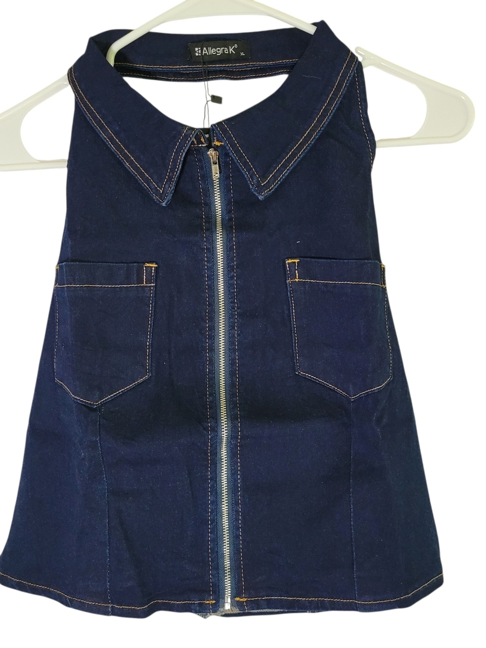 Allegra K Navy Denim Zip-Front Open Back Shirt